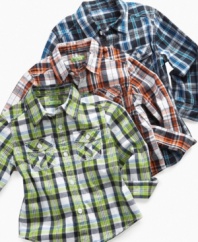 Prep his school style with this cool and comfortable plaid shirt from Greendog.
