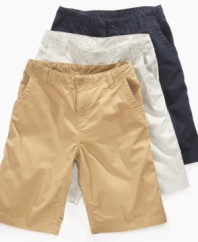 A solid decision. Set him up with comfort and style in these flat-front shorts from Greendog.