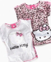 Cute breezy comfort. An animal print adds an adorable accent to this roll-tab tee from Hello Kitty.