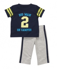 No matter what his favorite mode of transportation is, he'll travel in comfort wearing this shirt and pant set from Carters.