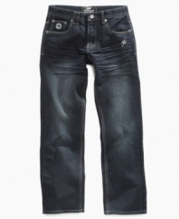Straight fit jeans from Akademiks keep him comfortable and still looking polished throughout the day.