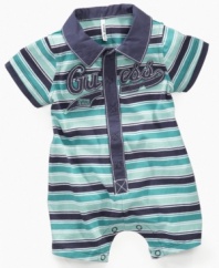 Step up his starter style with stripes in this fun romper from Guess.