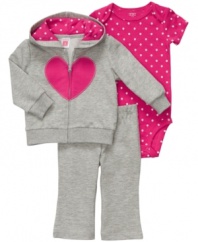 What a big heart. Let everyone know she's got plenty of love to go around in this darling 3-piece bodysuit, hoodie and pant set from Carter's.