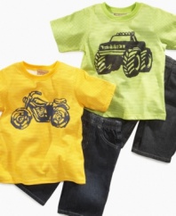 Take the wheel. Easily put him in control of getting himself ready with one of these tough t-shirt and denim short sets from Kids Headquarters.