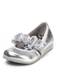 Princess perfection meets tomboy construction in these metallic KORS Michael Kors ballet flats featuring satin rosettes and a skid resistant TPR sole.
