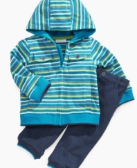 Style him sweetly with this adorable hoodie and pants set from First Impressions, with adorable stripes to add cute color.