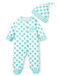 This comfy footie from Offspring keeps the look light and fun with large aqua polkadots.