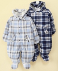 Keep baby cozy and warm in the cuddle-worthy fleece and classic polished plaid of this full-coverage snowsuit from First Impressions.