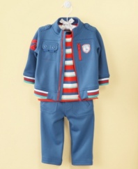 Ladies man. He'll steal their hearts in this vintage looking sweatshirt, shirt and pants set from First Impressions.