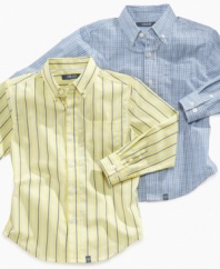 Keep his outfit classic with this patterned button-down shirt from Izod.