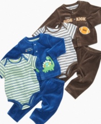 Suit him up in comfort and cuteness with one of these adorably fun bodysuit, jacket and pant 3-piece sets from First Impressions.
