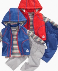 Suit him up for adventure with this stylish shirt, hooded vest and pant 3-piece set from First Impressions.