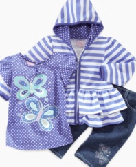 Watch her spread her wings and fly in this adorable contrast pattern shirt, hoodie and capri jean set from Nannette.