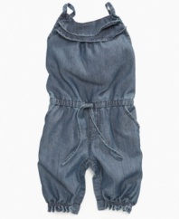 Just dandy! Denim gets a little dressed up to keep her darling in this sweet romper from DKNY.