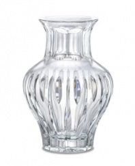 Classic milk-jug shaping with a vertical wedge-cut design, give this 8 lead crystal vase a contemporary appeal.