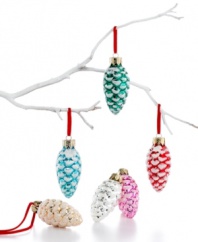 Dusted in sparkly white snow, these candy-colored pine cone ornaments from Martha Stewart Collection fill your tree with irresistible whimsy. (Clearance)