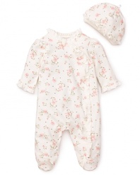 A dusky rose print decorates this soft cotton footie from Little Me. The matching hat and ruffle trim complete an adorable look you'll love cuddle.