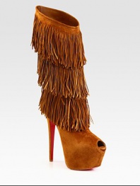 A towering platform silhouette of buttery suede, with playful layered fringe for movement with every step. Self-covered heel, 6¼ (155mm)Hidden platform, 2½ (65mm)Compares to a 3¾ heel (95mm)Shaft, 11¼Leg circumference, 16Suede upperLeather liningSignature red leather solePadded insoleMade in Italy