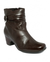 Along with fashion-forward ruched embellishment and classic buckle hardware detailing, Clarks' leather Lyden Crest ankle boots also include a low stacked wedge heel and flex sole for superb comfort.