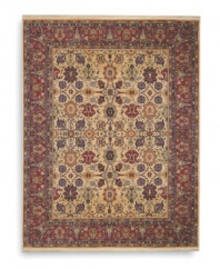 A long runner that is ideal for hallways and entryways. Patterned on an antique Mahal carpet design, this rug showcases the intricate beauty of flowers, leaves, vines, vases and palmettes on a soft ivory ground. A special dyeing process imparts rich, subtle gradations to a color palette that includes ivory, caramel, terra cotta, blues and soft greens. Woven in the USA of New Zealand premium worsted wool for indulgent softness.