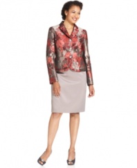 A chic floral jacquard jacket adds interest to a classic pencil skirt. Kasper's suit makes an elegant statement at any upcoming function or special event.