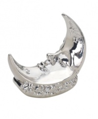 This Sweet Dreams moon bank rocks, featuring a crescent shape and kind face in shiny, tarnish-proof silver plate. A cute gift for kids' rooms and something parents will appreciate, too!
