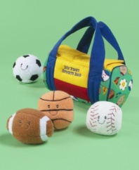 A big bag o' fun. A plush sports tote with Velcro closure, stuffed with soft, smiling balls, each with a distinctive sound. Soccer ball boings! Basketball rattles. Baseball crinkles. Football squeaks.