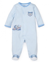 Your future varsity star will love curling up in this comfy cotton footie from Little Me, adorably adorned with MVP and football embroidery at chest, hip and feet.