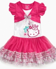 Rich ruffles. Mesh ruffles and a bow on the front make this shrug dress from Hello Kitty extra fun, and she'll love the Hello Kitty crown graphic, a Macy's exclusive!
