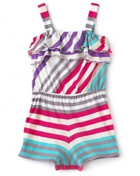 This summer, it's all about stripes. Splendid announces the season with a multi-striped romper trimmed with spaghetti straps, gathered waist and 2-tier ruffles along the chest.