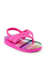 Early walkers will love the comfort and freedom of this cute plaid sandal, secured with a padded thong on the upper and an elastic band at the heel.