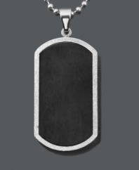 Tough style that makes a statement. Channel your structured side with this unique, men's dog tag pendant. Features a black ion-plated stainless steel center set in textured stainless steel with a matching ball chain. Approximate length: 24 inches. Approximate drop width: 1 inch. Approximate drop length: 1-3/4 inches.