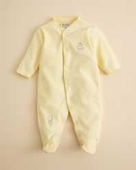 Embroidered ducks and scallop trim keeps this cute unisex footie afloat.