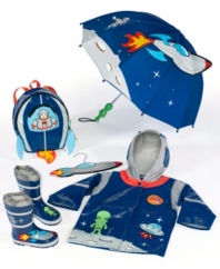 Keep him safe from meteor showers with this umbrella from Kidorable. With an alien handle and a space ship blasting off the top, this umbrella is a great way to keep him dry. Check out the Kidorable Space Hero Raincoat and Boots.