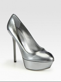 EXCLUSIVELY AT SAKS.COM. Timeless peep-toe silhouette in metallic patent leather, finished with a platform and high heel. Self-covered heel, 5 (127mm)Covered platform, 1½ (40mm)Compares to a 3½ heel (90mm)Patent leather upperPeep toeLeather lining and solePadded insoleMade in ItalyOUR FIT MODEL RECOMMENDS ordering one half size up as this style runs small. 