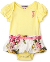 Blooming florals add spring flourish to Juicy Couture's skirted one piece, a darling skirted bodysuit silhouette for dressing up stylish little ones.