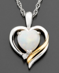 Ebullient opal (3/4 ct. t.w.) looks lovely as ever in this fabulous heart pendant complete with diamond accents and set in 14k gold and sterling silver. Approximate length: 18 inches. Approximate drop: 3/4 inch.