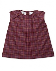 A darling cap sleeve plaid dress with matching bloomers.