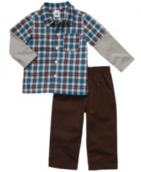 Prep him for the day in plaid with this comfy and cute shirt and pant set from Carter's.