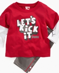 Prepare him for his play-date with this fun graphic t-shirt and pant set from Puma.