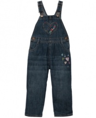 Put some color in her world with these darling heart-accented denim overalls from Osh Kosh.