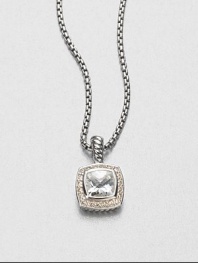From the Petite Albion Collection. A beautifully faceted square white topaz surrounded in dazzling diamond set in sterling silver on a box link chain. White topazDiamonds, .18 tcwSterling silverLength, about 17Pendant size, about .25Lobster clasp closureImported 