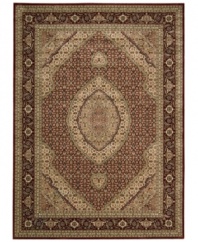 Distinctive flair with roots in Persian design. This exquisitely ornate area rug is abound in soft, satisfying brick tones, highlighted by a dramatic central medallion, and crafted from Nourison's own Opulon(tm) yarns for a densely woven pile with long-lasting color retention and durability.