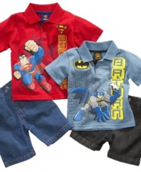 Ready to save the day? He'll have superhero style with this fun graphic polo shirt and short set from Clubhouse.