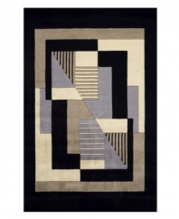 If you crave modern art, you'll love the unique design of this sophisticated contemporary area rug. Bordered and accented with deep black tones, the rug features a collection of clean-lined shapes and sharp edges, creating a fresh, modern look in any space. Hand-tufted and hand-carved of Chinese wool, the rug offers ultimate softness combined with an unparalleled smooth shine.