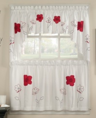 Decorated with lush red poppies embroidered on a soft white background, the Poppy window tier offers an artistic and modern point of view fit for any window. Coordinate with matching valance to complete the look.