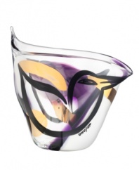 Art works. This bold Charms bowl marries a strong female influence and whimsical bird motif in handcrafted glass streaked with lavender and gold. Designed by Ulrica Hydman-Vallien for Kosta Boda.