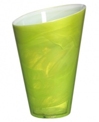 Vivid swirls and strokes of eye-catching lime drape Candy green giftware in a sweet celebration of color. An askew rim gives admirers a peek inside Sea Glasbruk's minimalist glass vase.
