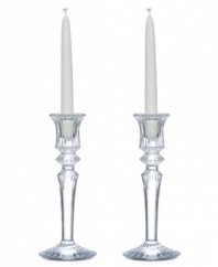 The Mille Nuit Collection, French for a thousand lights, is one of Baccarat's most popular and exquisite patterns. This set of 2 candleholders not only hold a dancing flames but sparkle divinely all on their own. A true treasure that will be celebrated for years to come.