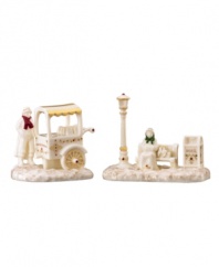 Give the bustling community of Mistletoe Park Village a place to rest and refuel with park bench and chestnut seller figurines. Crafted of beautiful ivory porcelain with gold and Christmas-color detail.